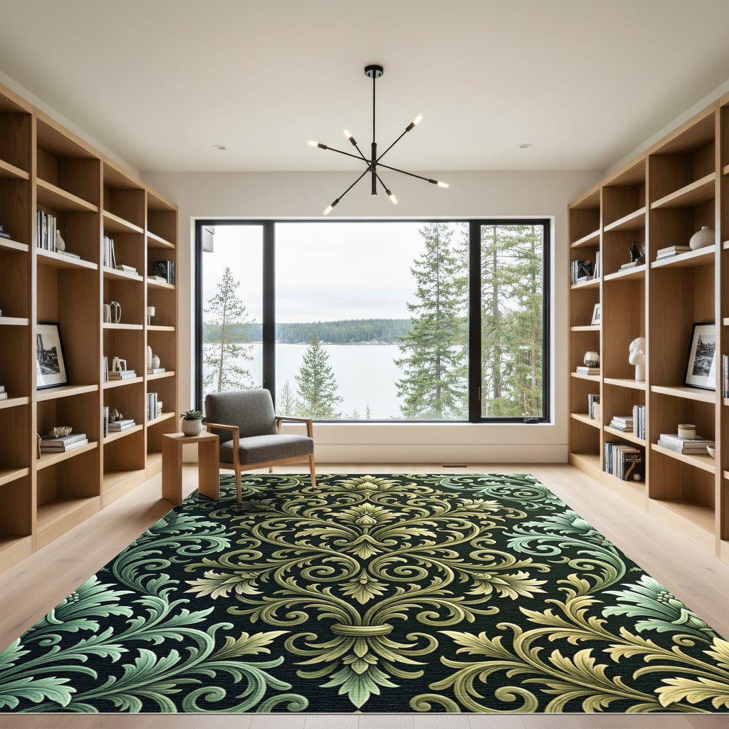 Ornate Gold Green Floral Scroll Rug
