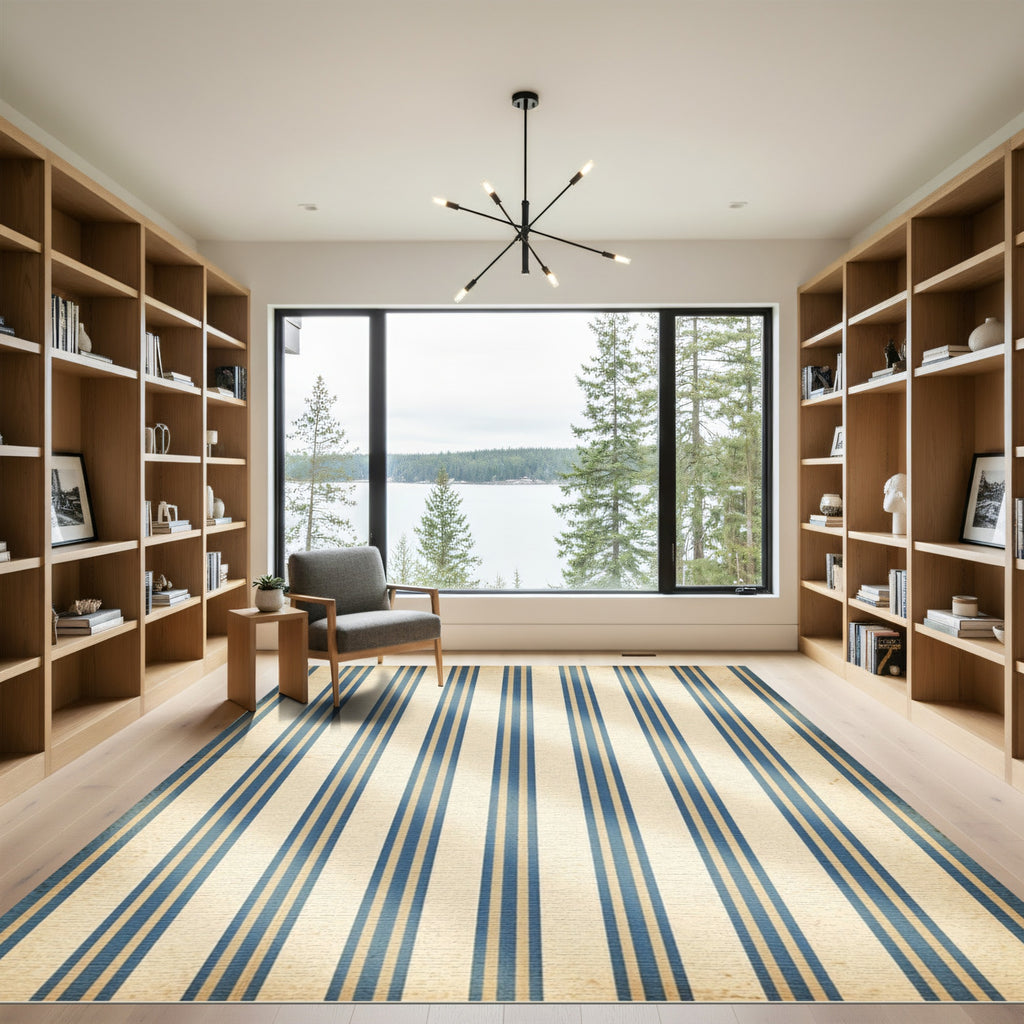 Classic Blue Cream Vertical Pinstripe Rug