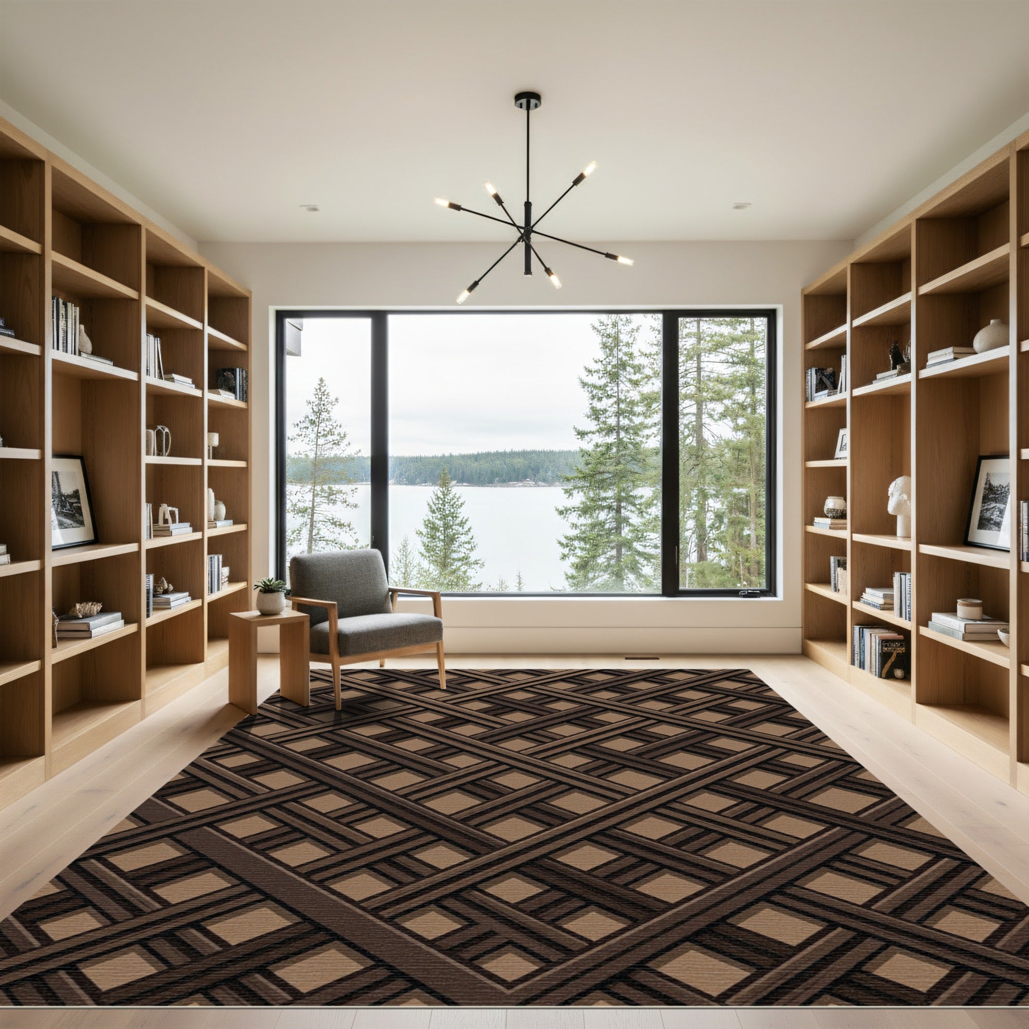 Dark Brown Interlocking Geometric Lattice Rug
