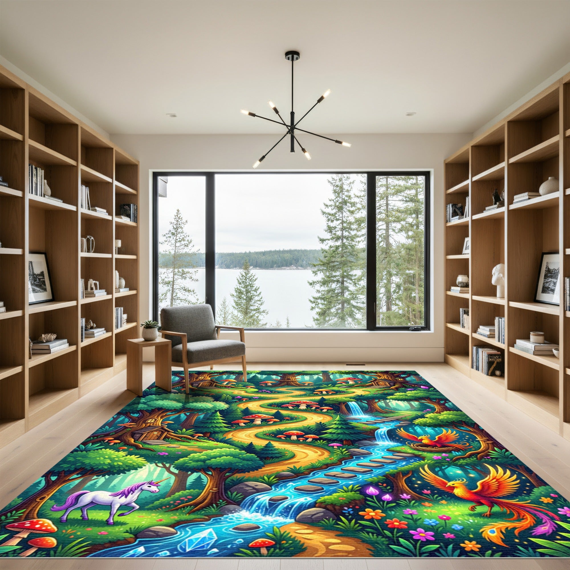 Whimsical Enchanted Forest Unicorn Phoenix Landscape Rug