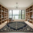 Ornate Gold Floral Medallion Charcoal Backdrop Rug