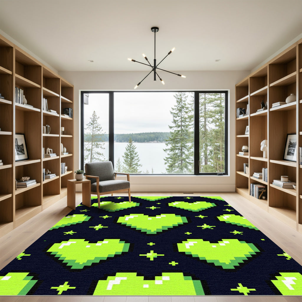 Neon Green Pixel Heart Sparkle Aesthetic Rug