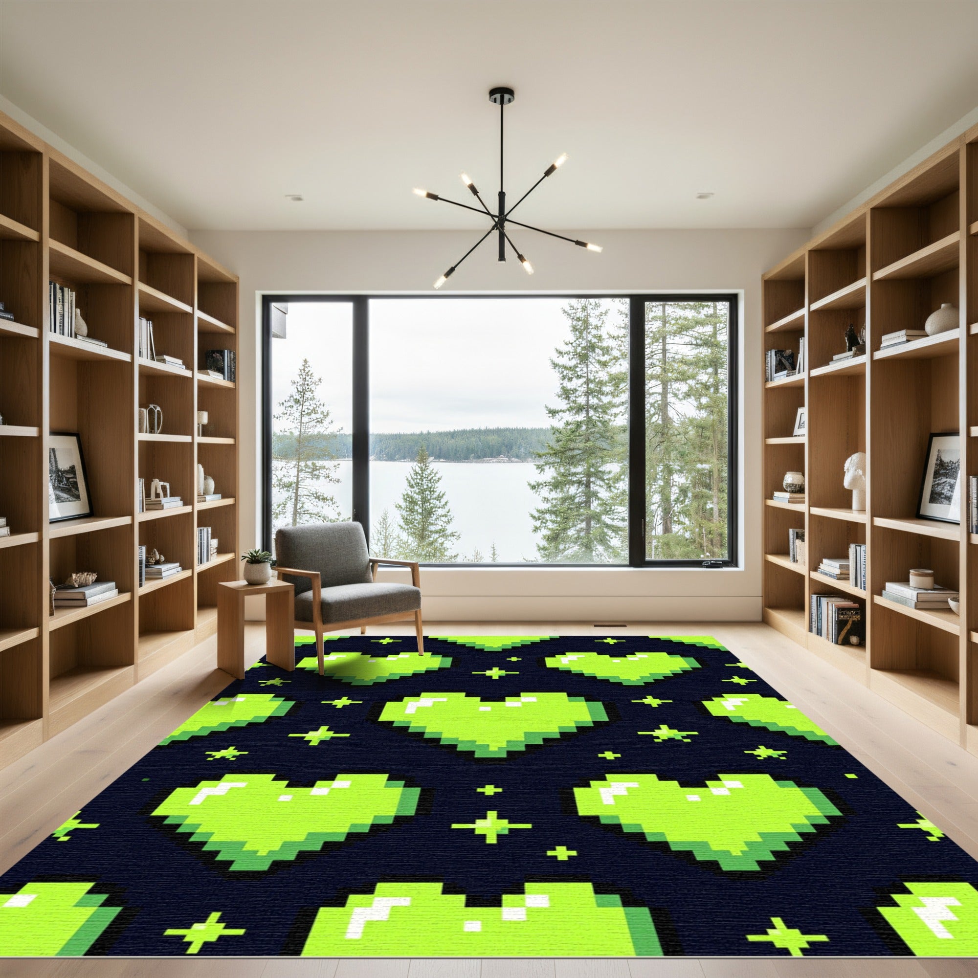 Neon Green Pixel Heart Sparkle Aesthetic Rug