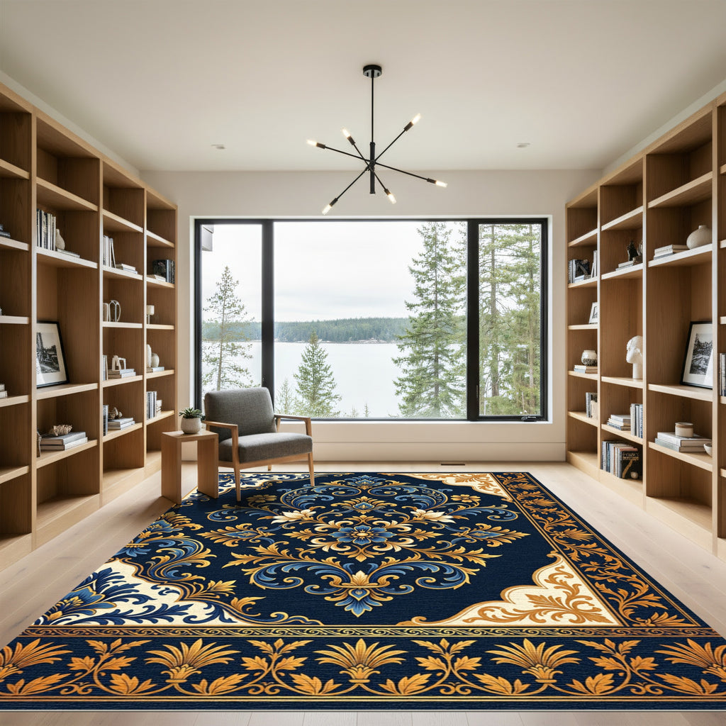 Royal Navy Gold Filigree Damask Rug