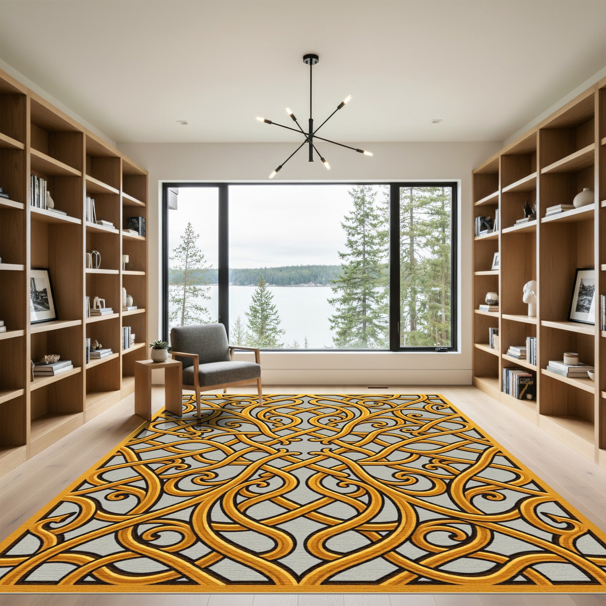 Ornate Golden Interwoven Swirl Art Rug