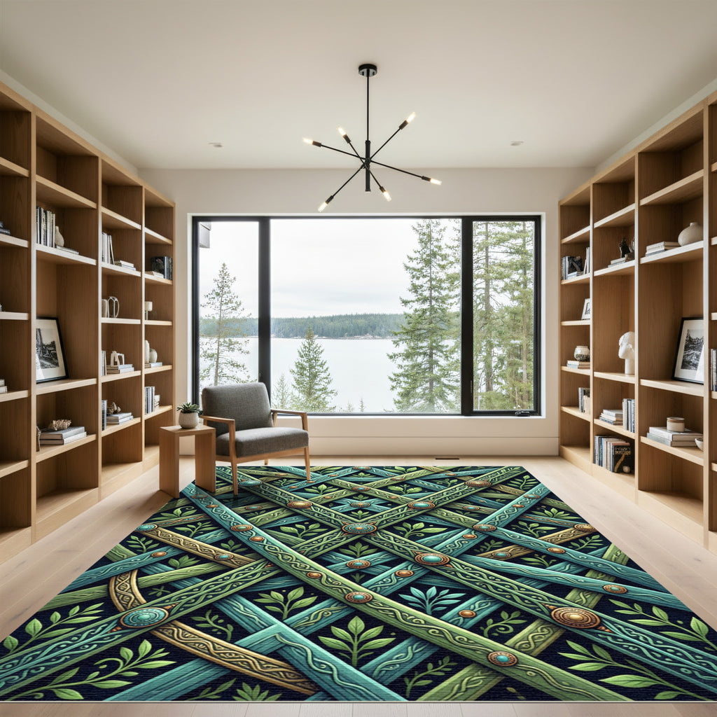 Green Blue Interwoven Leaf Medallion Rug