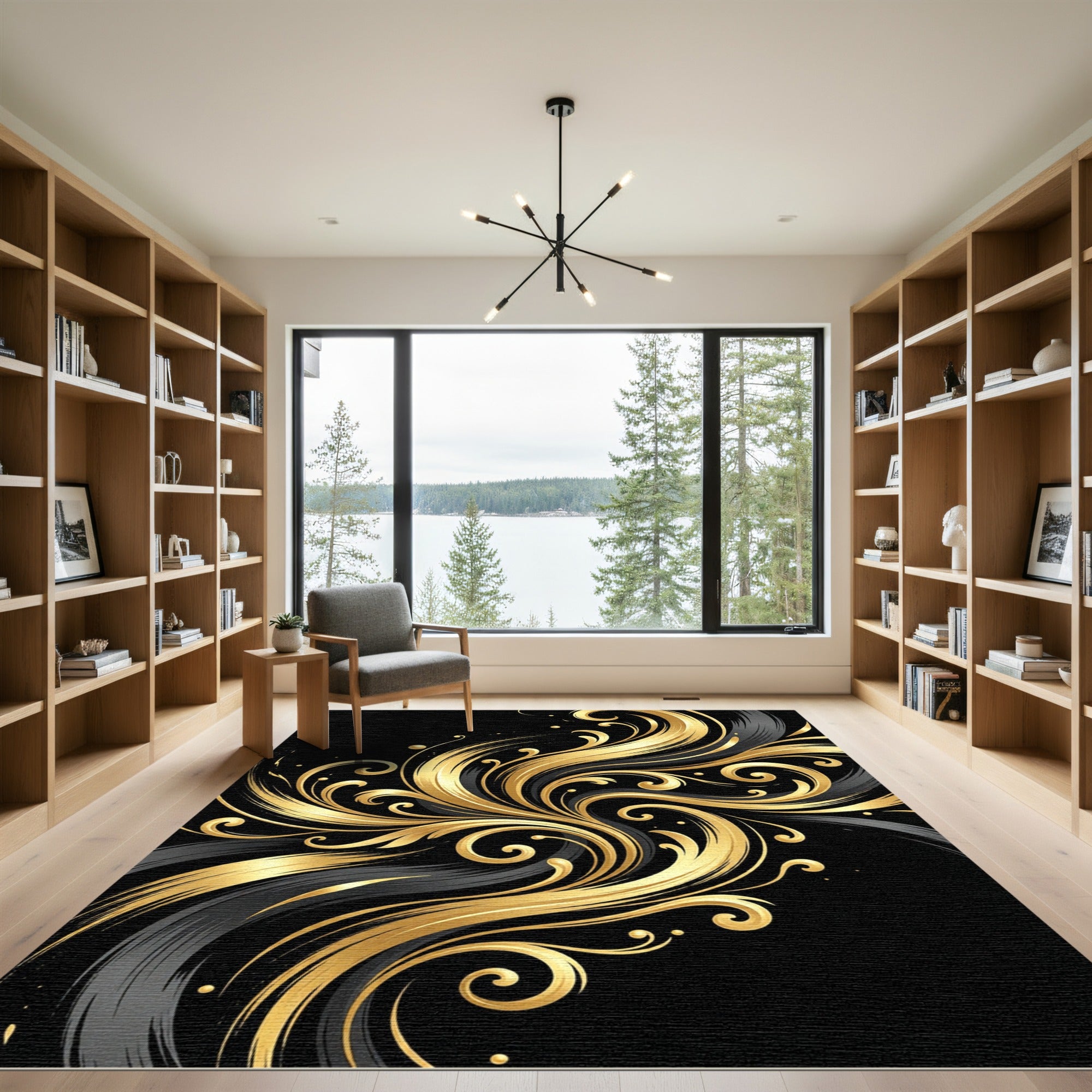 Elegant Golden Swirls on Noir Background Rug