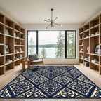 Elegant Navy And Cream Damask Diamond Rug