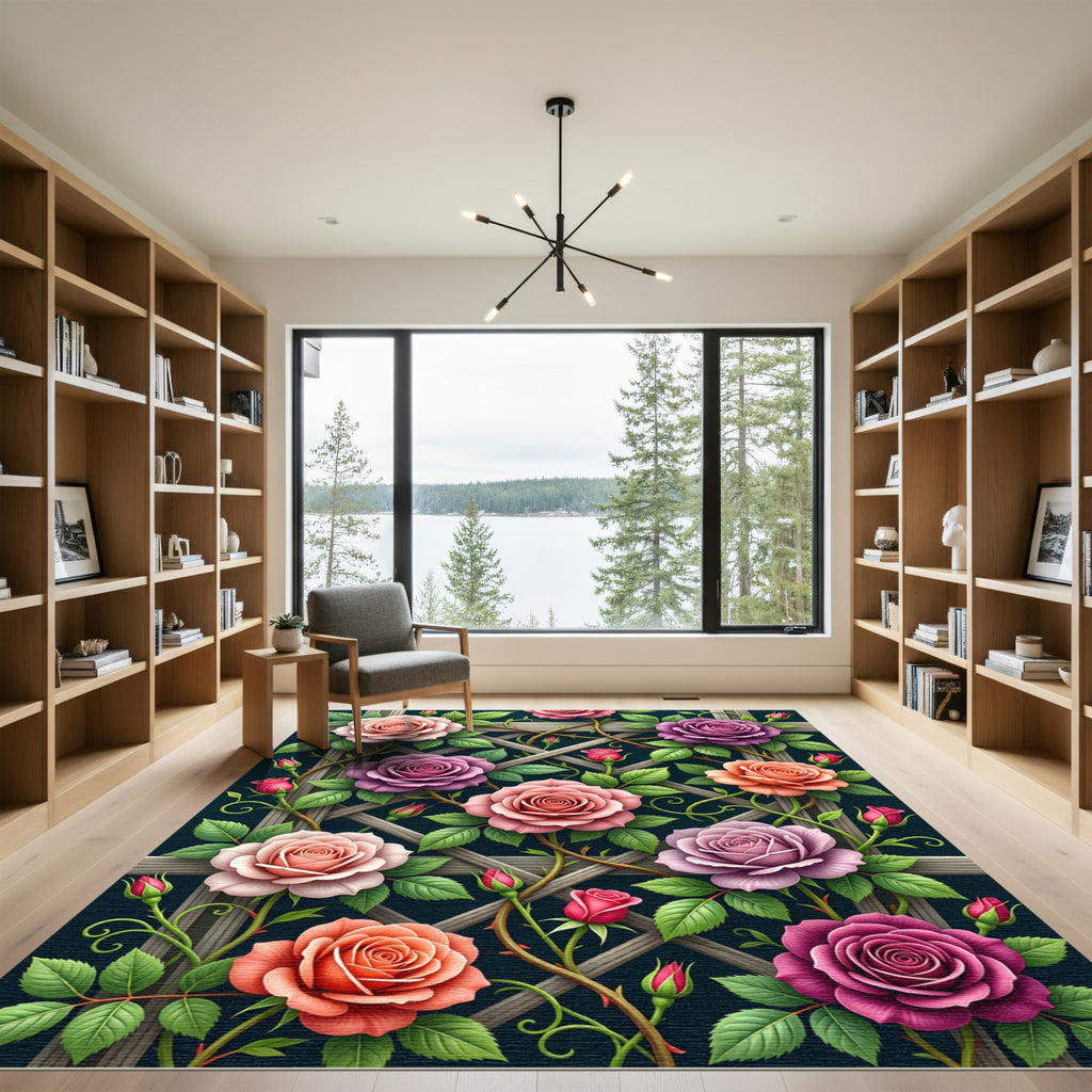 Vibrant Lattice Garden Multi Colored Roses Rug