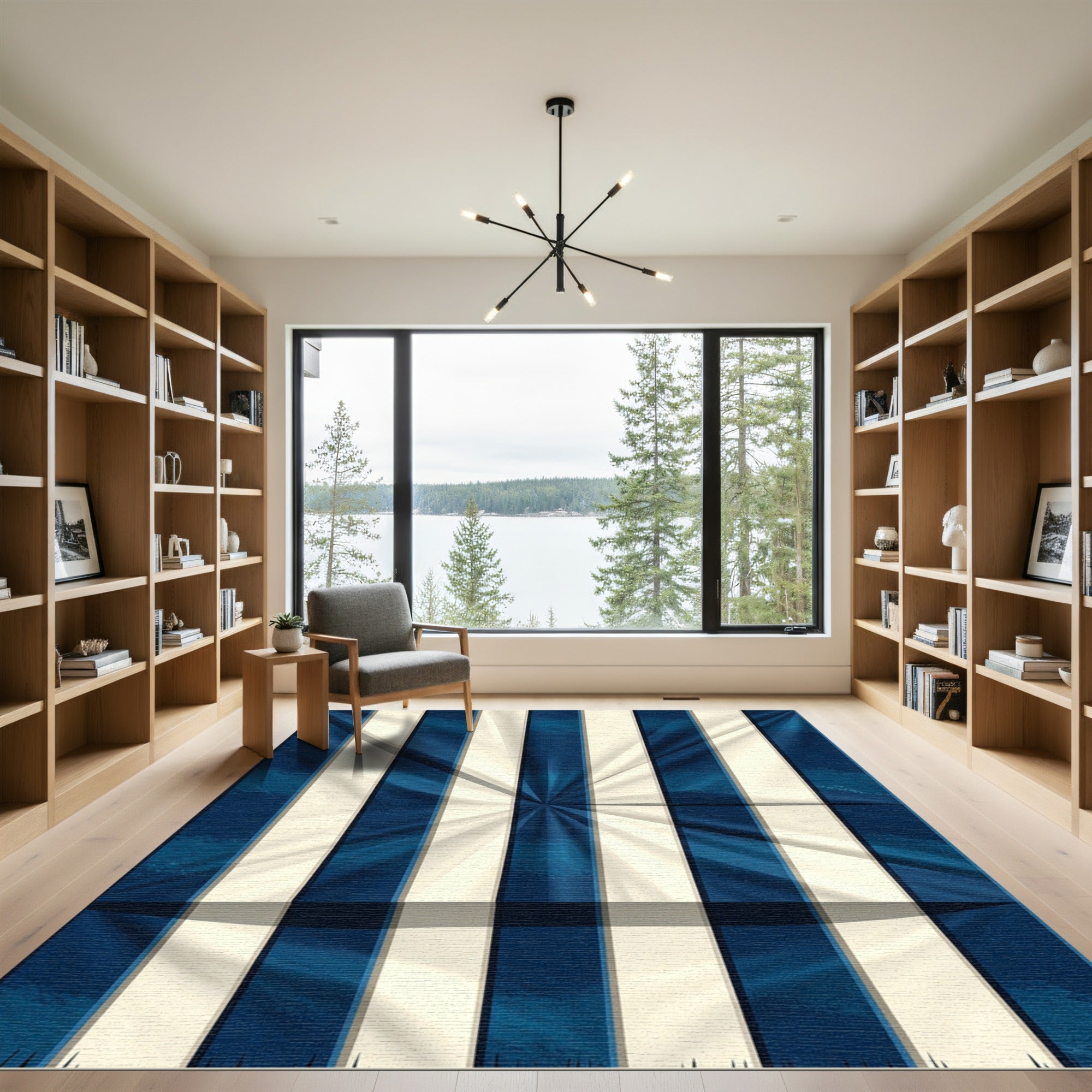 Navy and Cream Sunburst Striped Rug