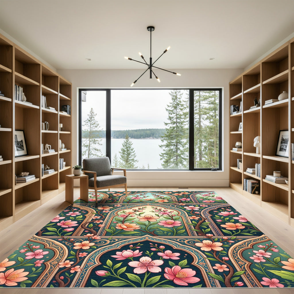 Teal Floral Arch Blossom Garden Rug
