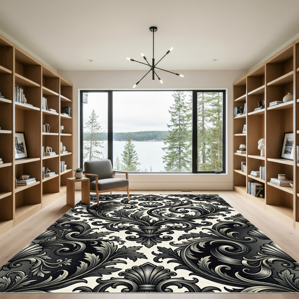 Ornate Black and White Acanthus Scroll Rug