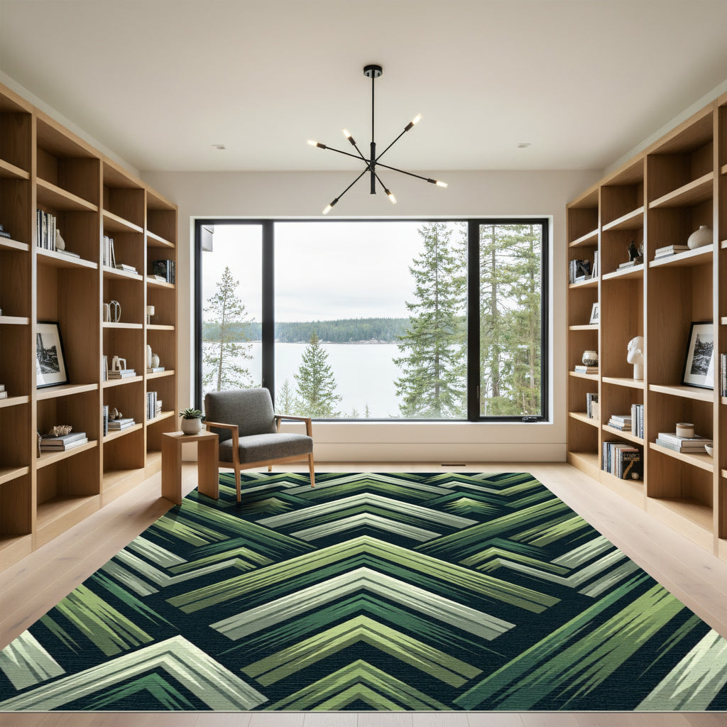 Green Forest Mountain Geometric Rug