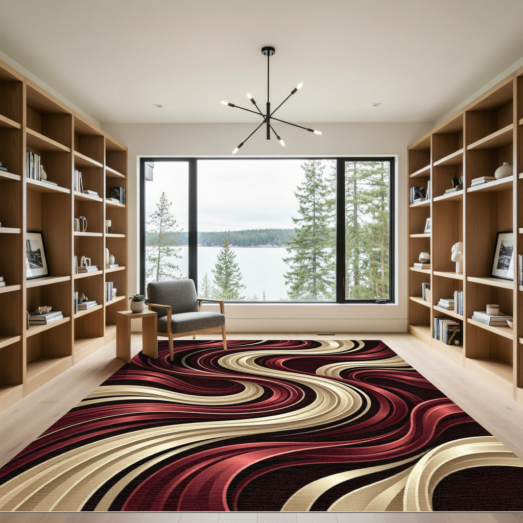 Crimson Gold Swirl Ribbons Rug