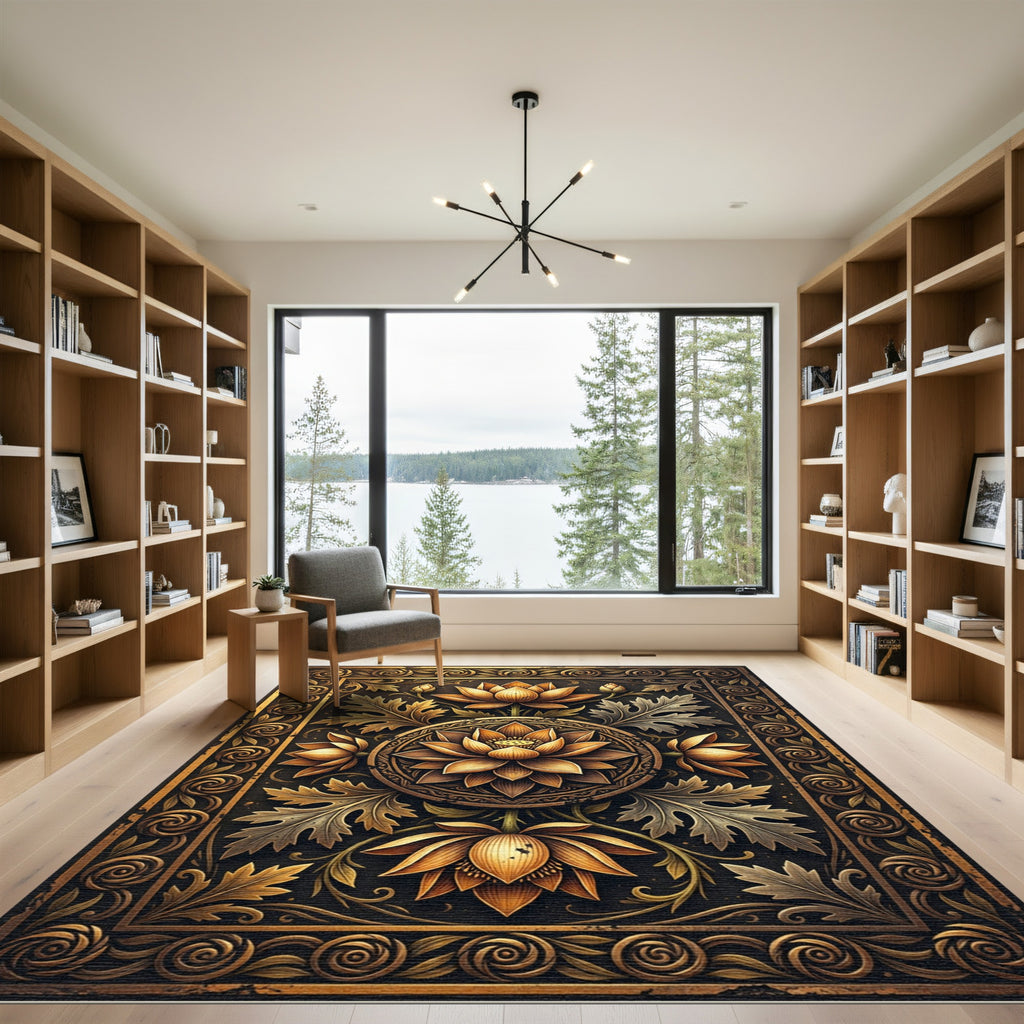 Golden Lotus Medallion Floral Border Rug