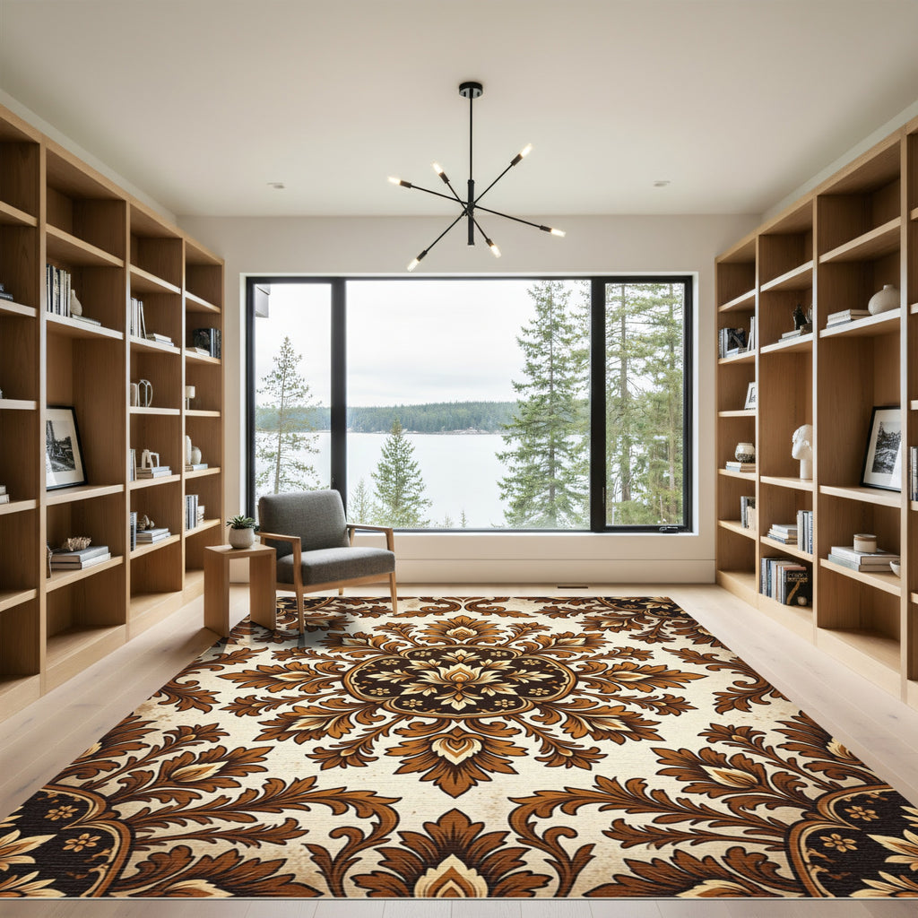Earthy Brown Vintage Damask Medallion Rug