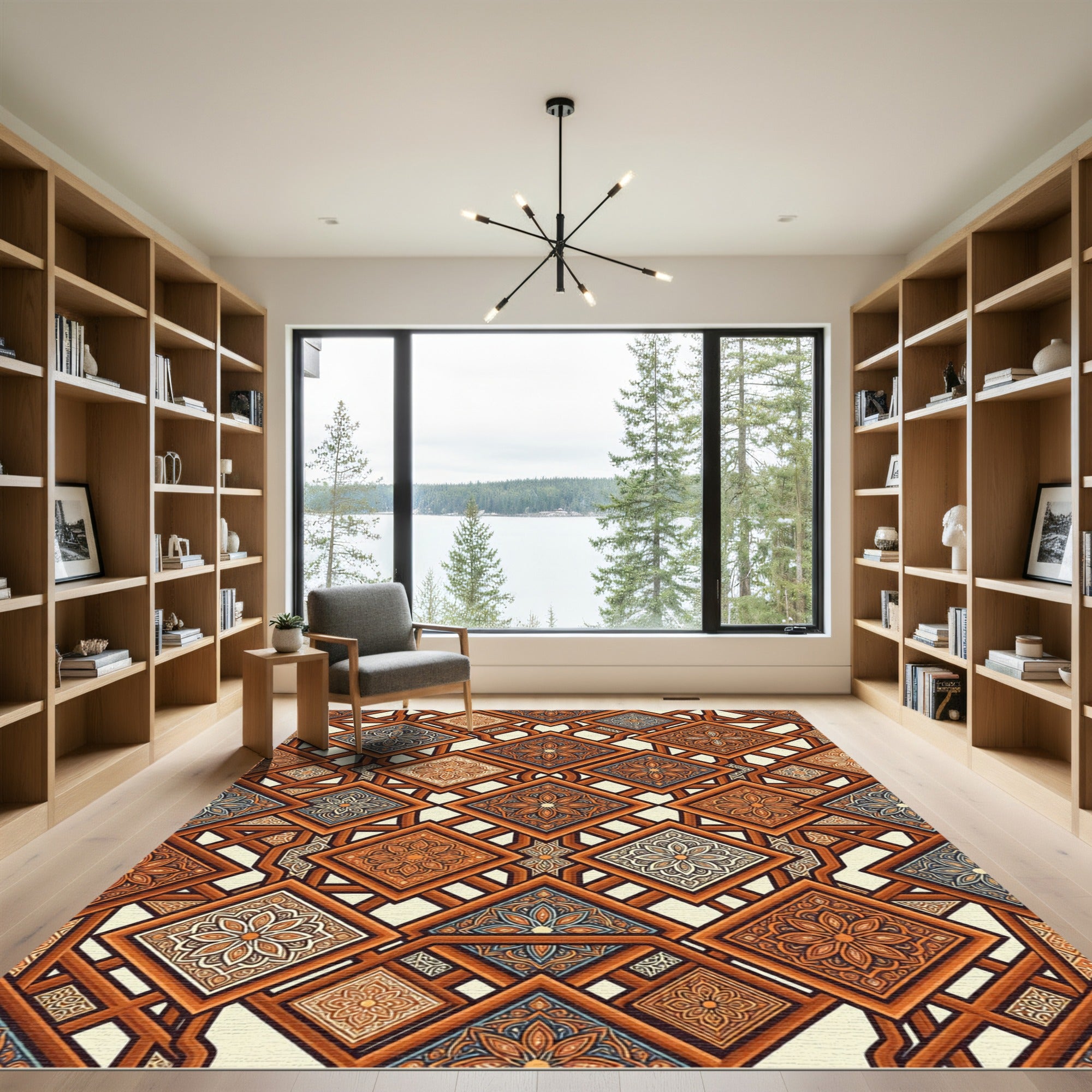 Earthy Terracotta Geometric Floral Lattice Rug