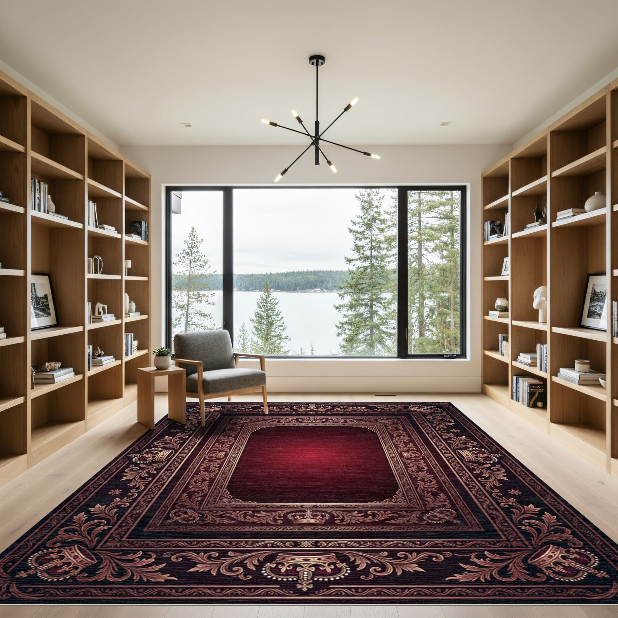 Ornate Royal Crimson Crown Border Rug