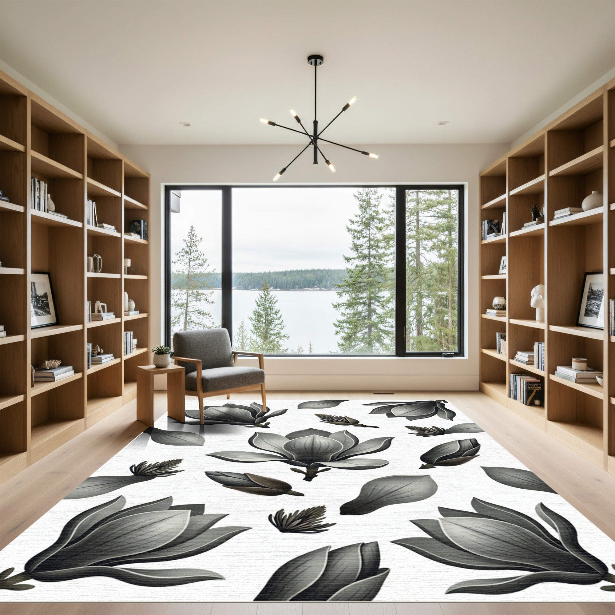 Monochrome Magnolia Blossom Floral Art Rug