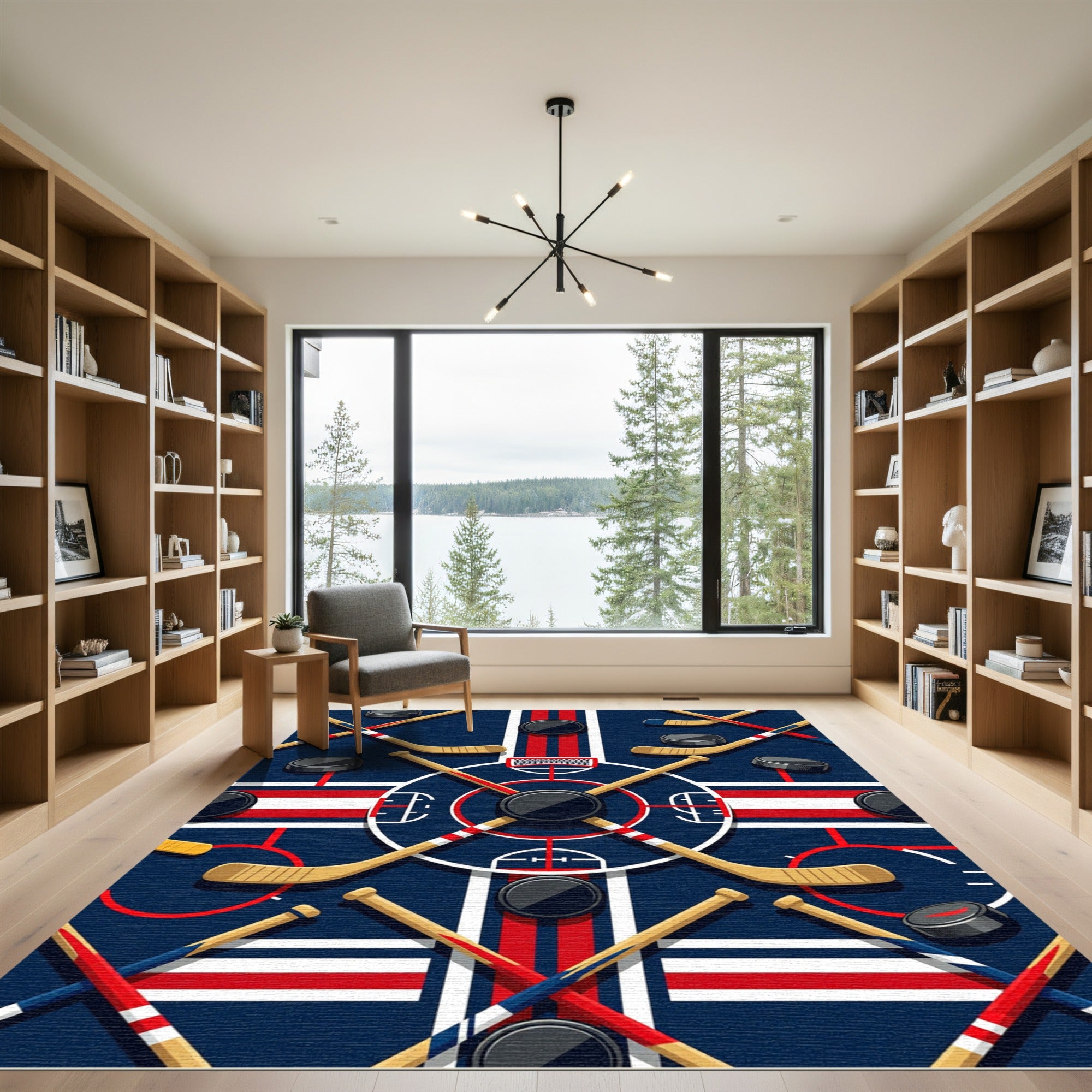 Geometric Ice Hockey Rink Navy Red Rug