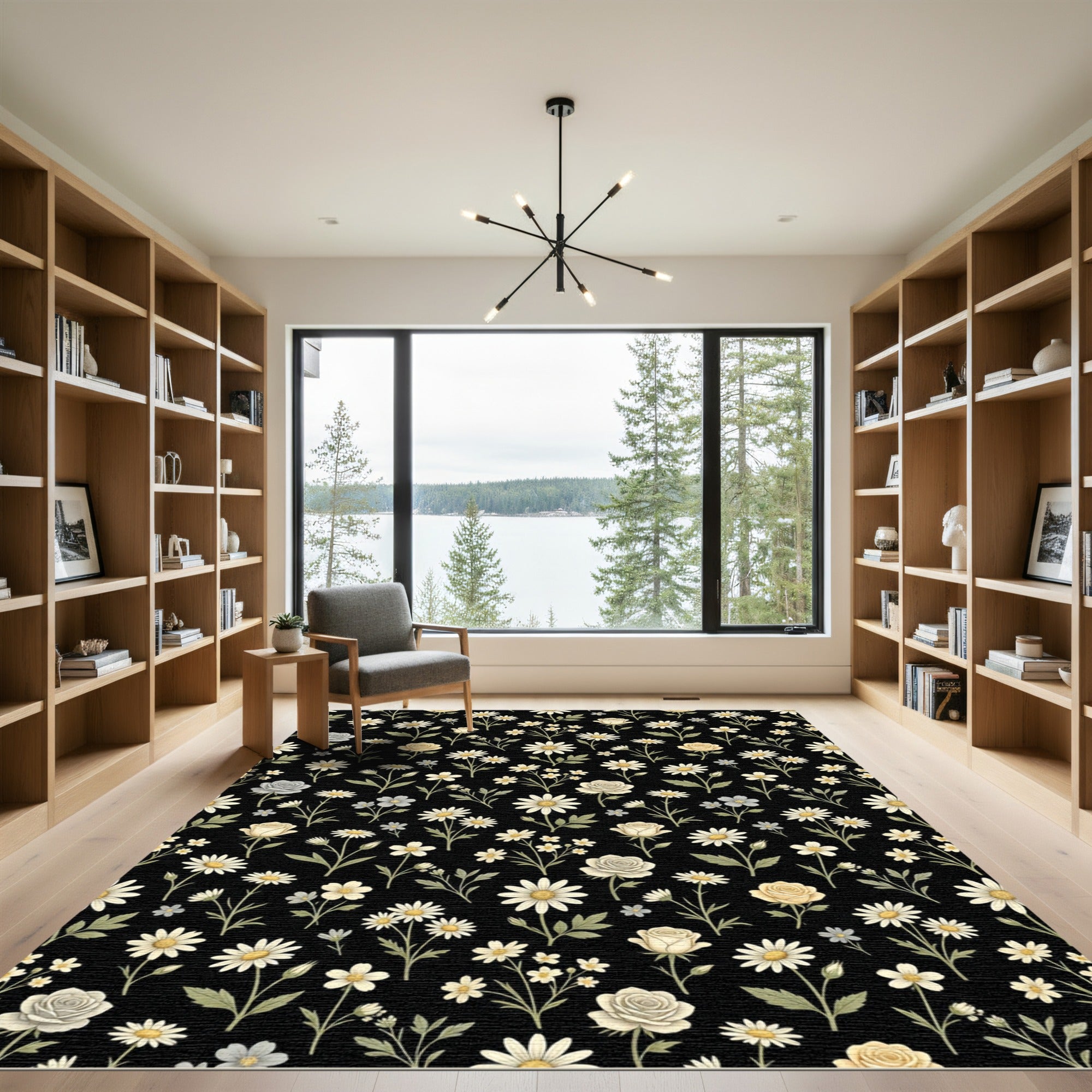 Black Cream Daisy Rose Garden Rug