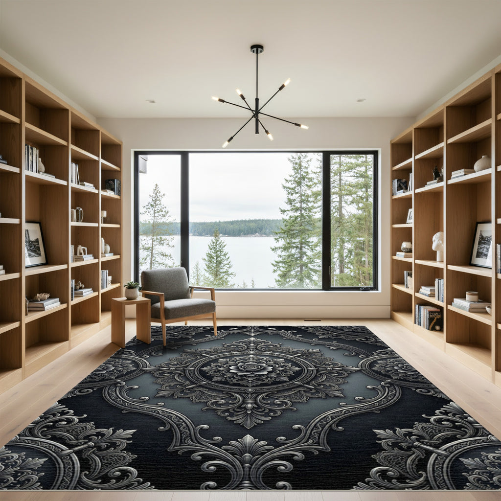 Ornate Gray Floral Damask Rug