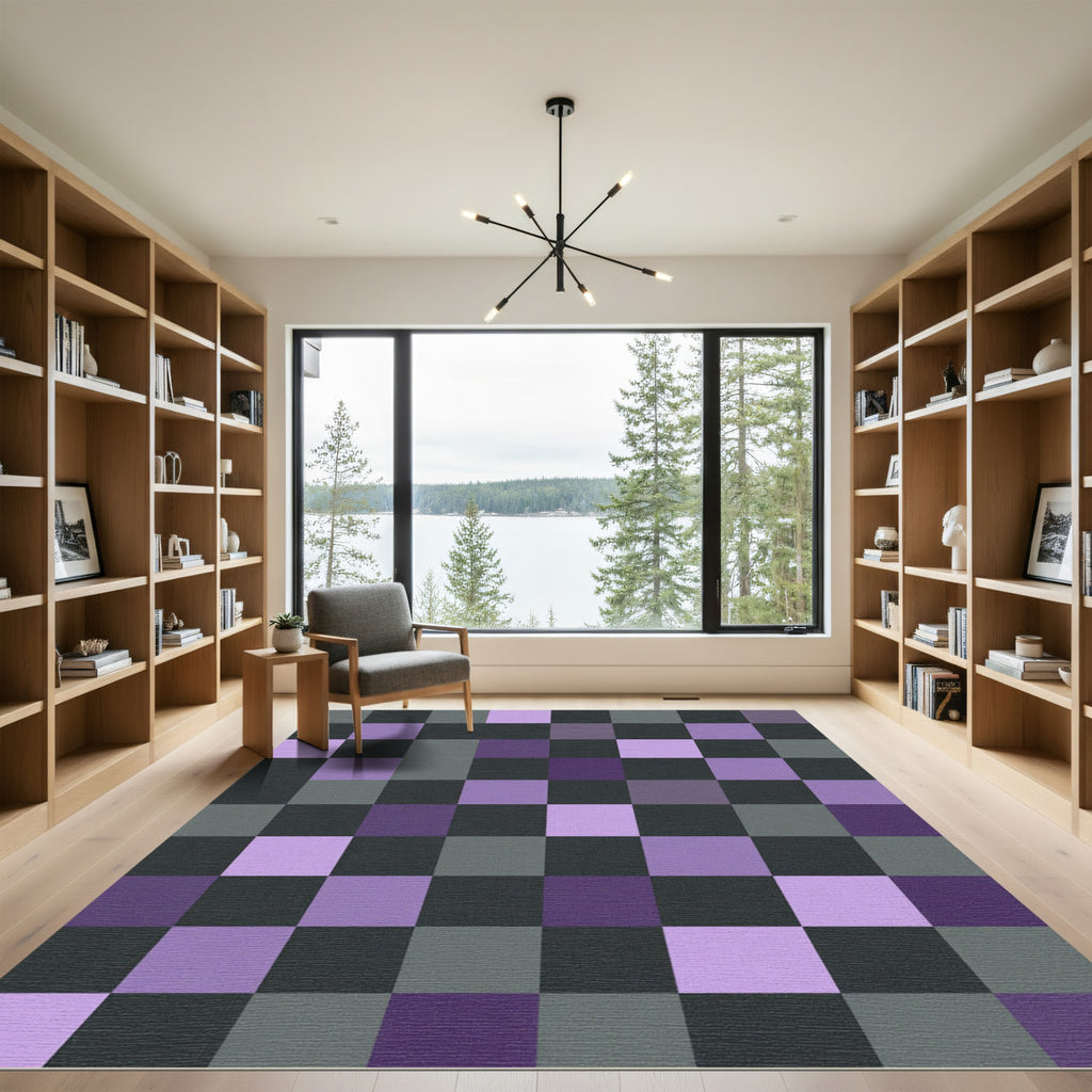 Purple Gray Checkerboard Squares Rug