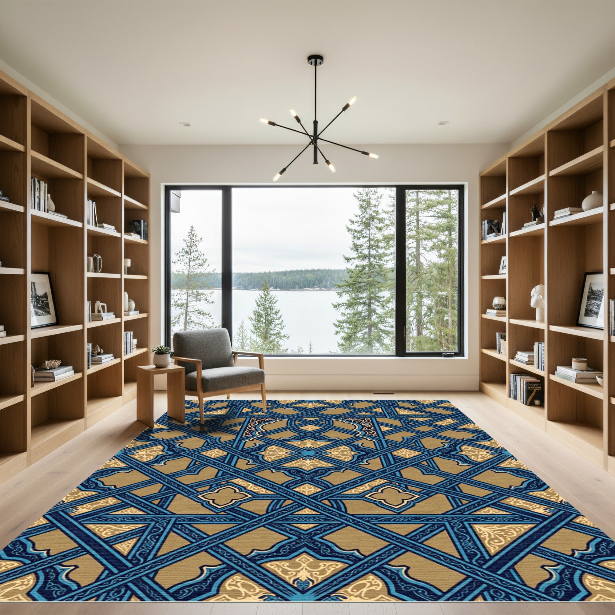 Ornate Navy and Gold Geometric Lattice Rug