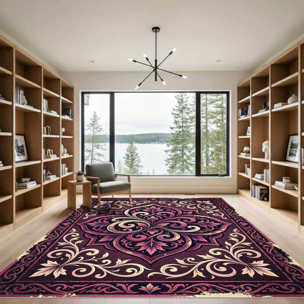 Ornate Plum Damask Floral Medallion Rug