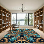Nautical Golden Ship Wheel Wave Ocean Rug