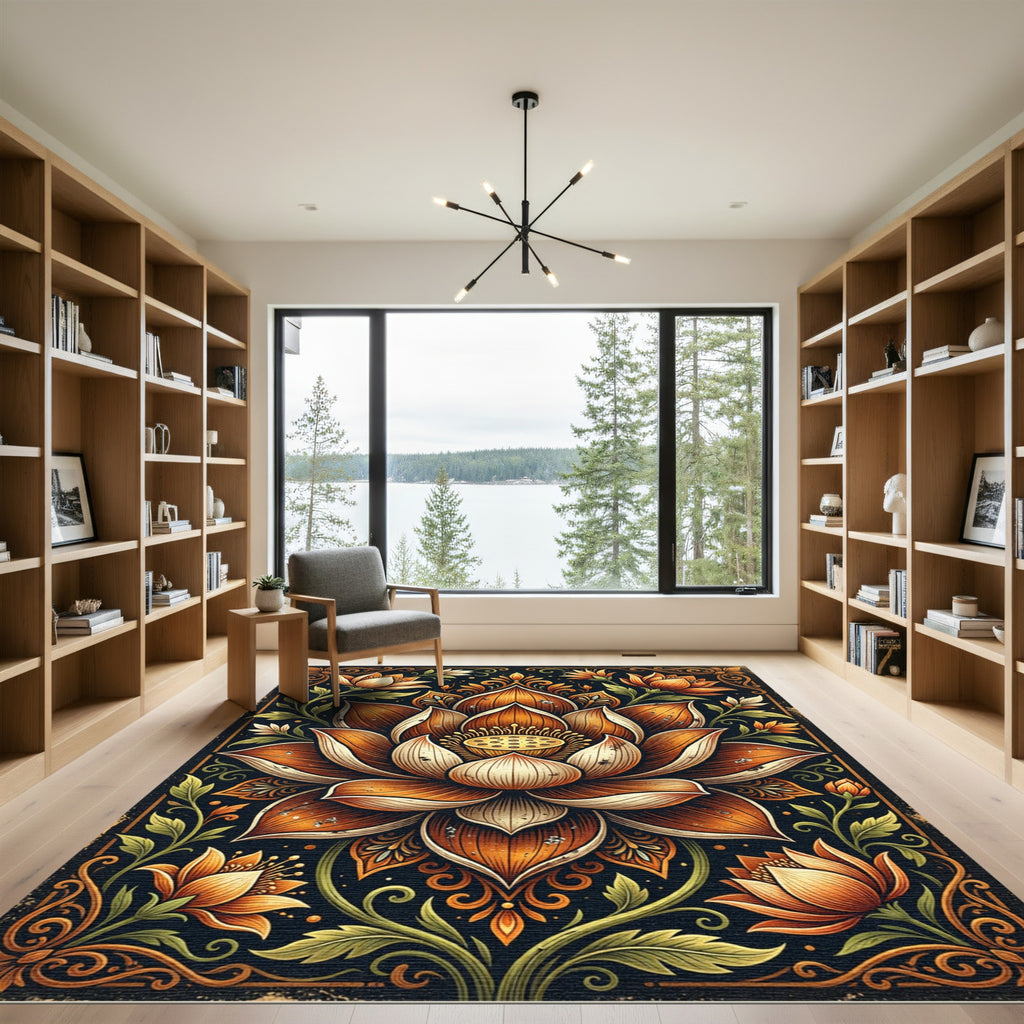 Ornate Amber Lotus Floral Illustration Rug