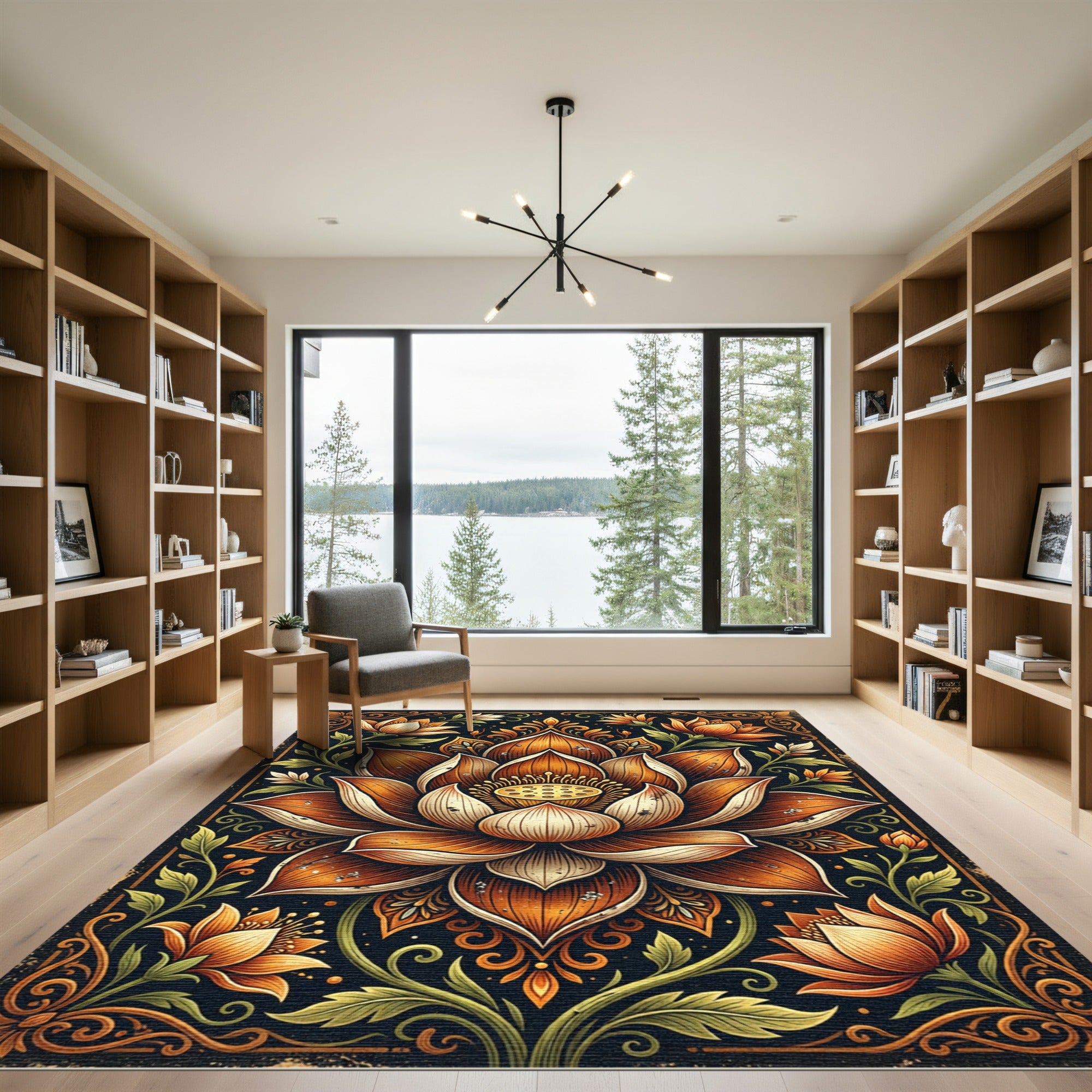 Ornate Amber Lotus Floral Illustration Rug
