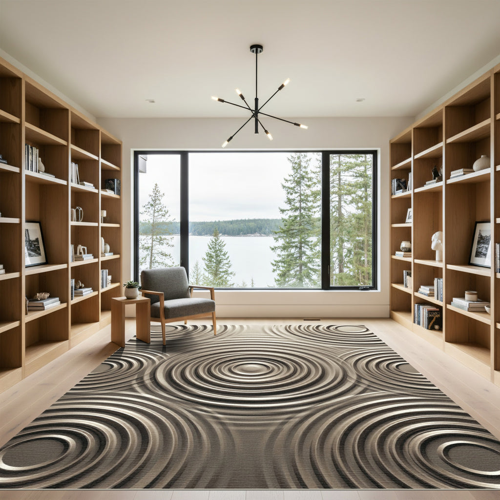 Modern Metallic Silver Concentric Circles Rug