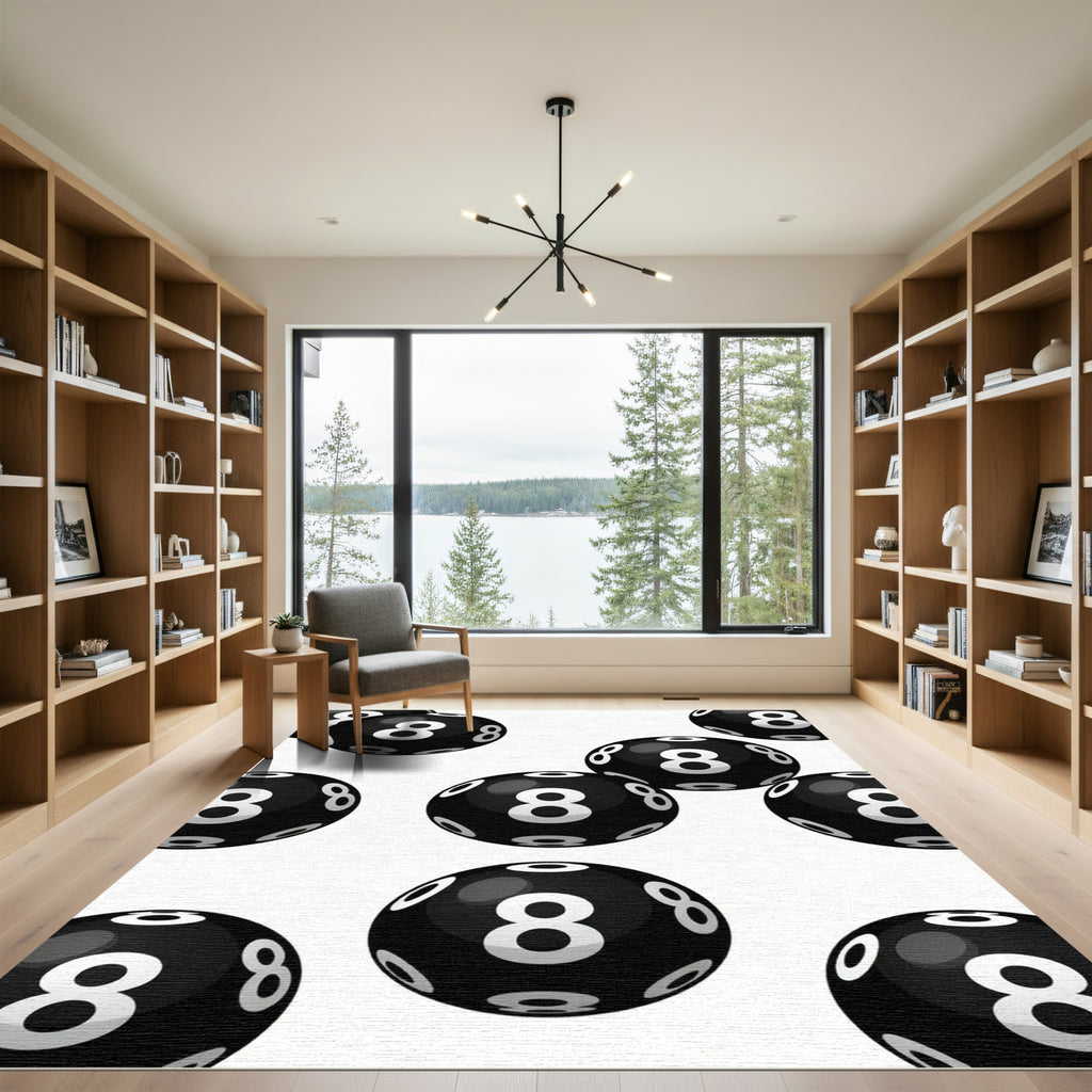 Graphic Black and White Number Eight Floating Spheres Rug