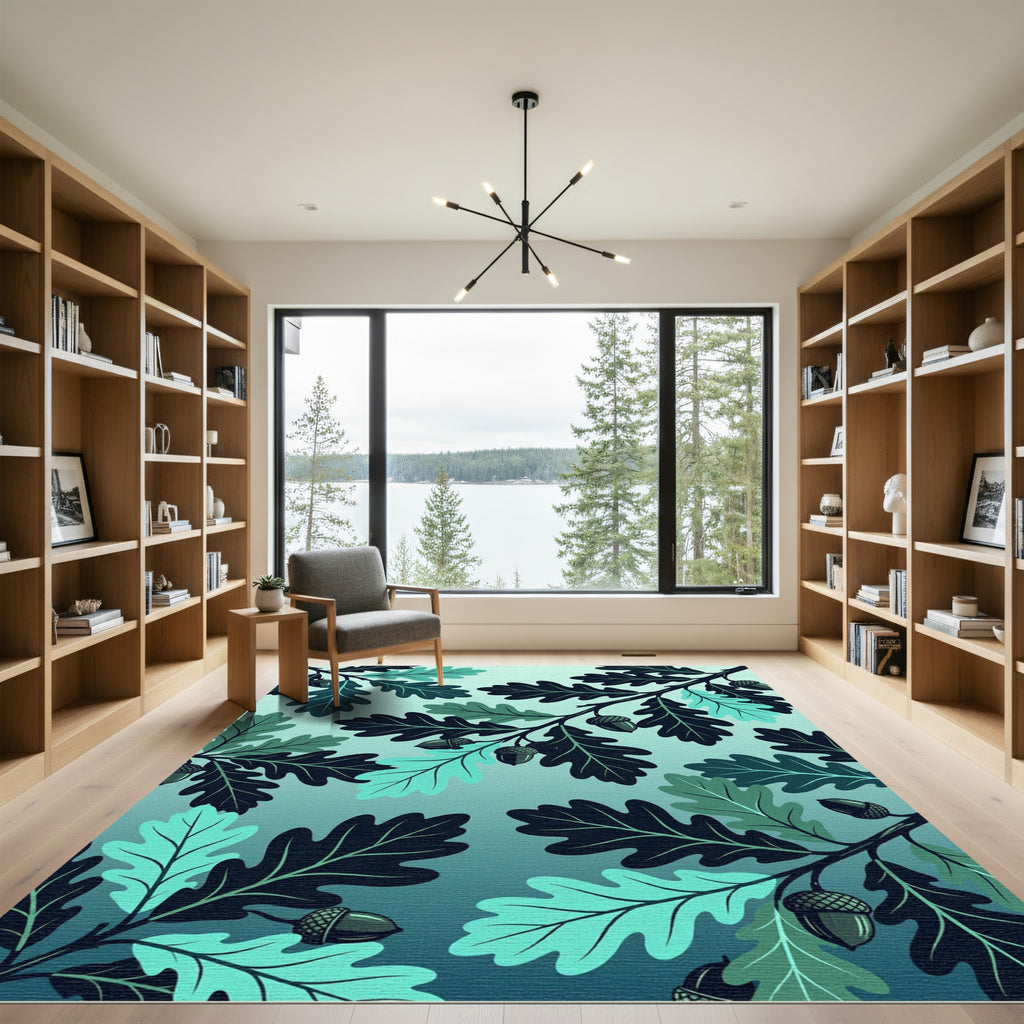 Teal Oak Leaf Acorn Botanical Arrangement Rug