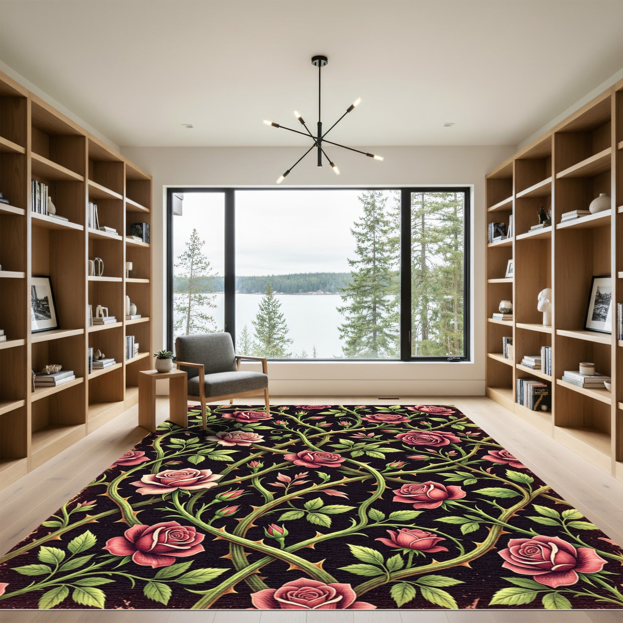 Dark Crimson Rose Vine Tapestry Rug