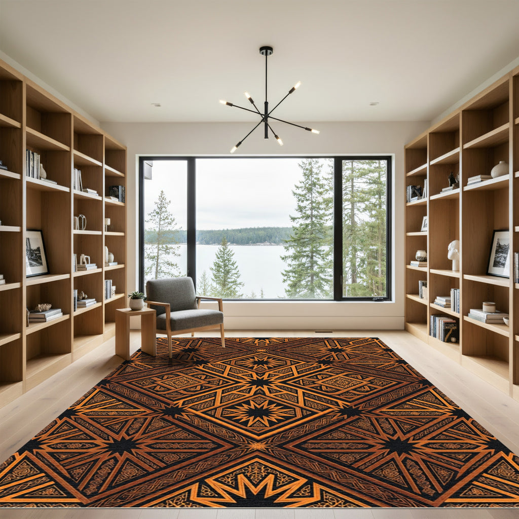 Ornate Orange Geometric Star Rug