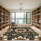 Golden Floral Scroll on Navy Rug