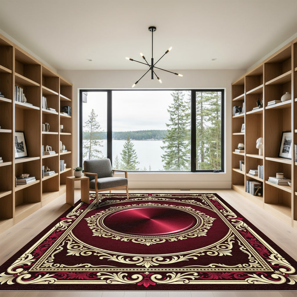 Victorian Red Golden Medallion Frame Rug