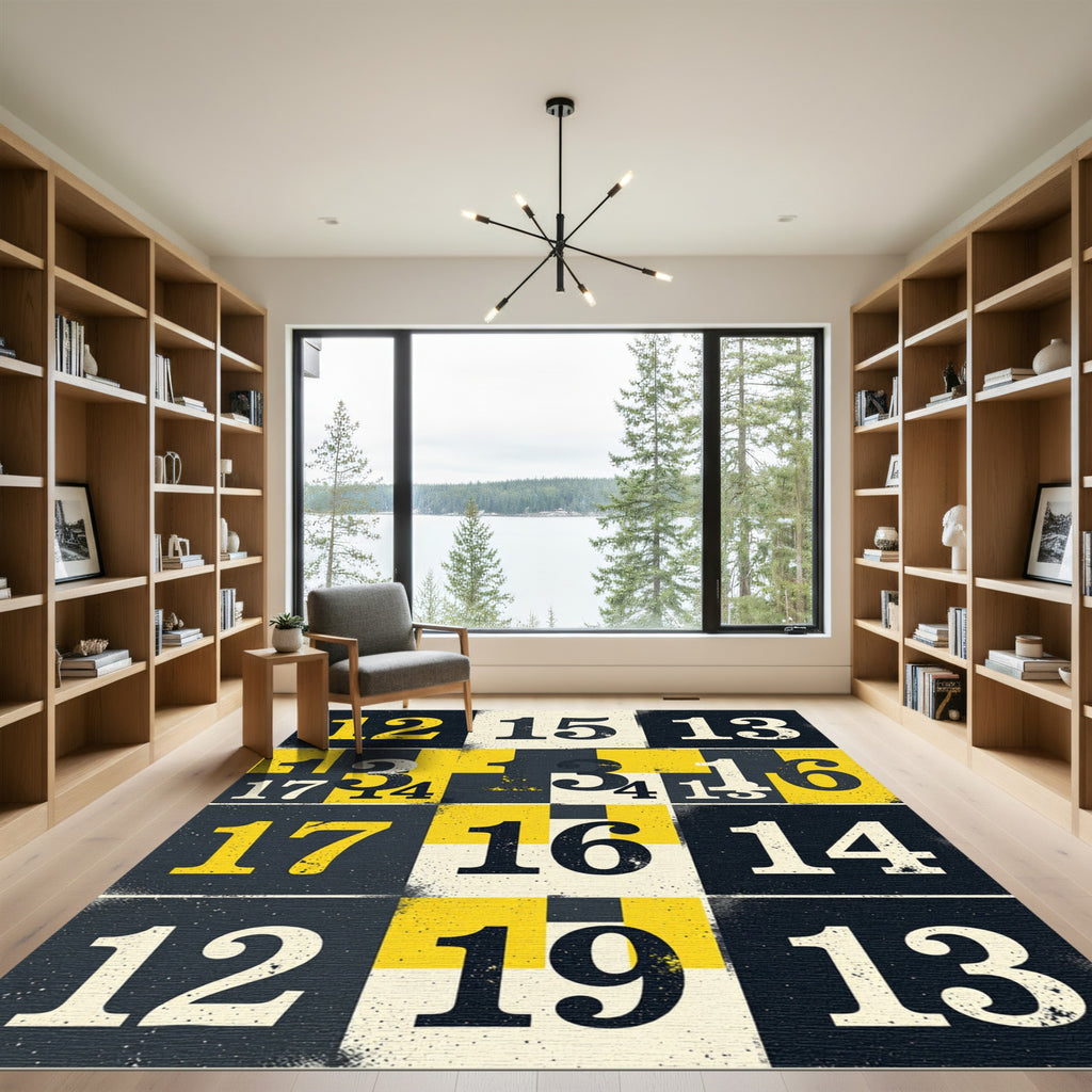 Geometric Yellow Black Number Grid Art Rug