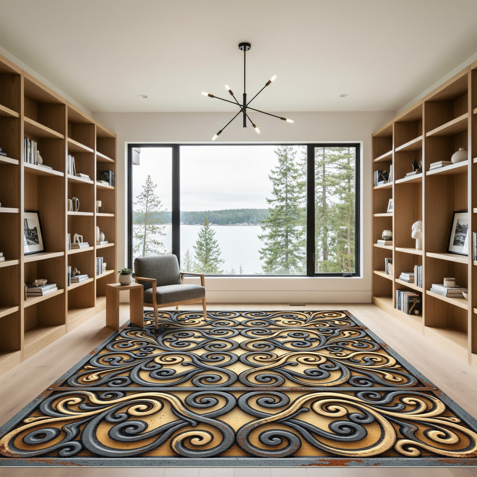Elegant Gold Gray Scrollwork Swirl Rug