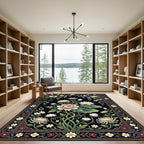 Elegant White Floral Black Botanical Art Rug