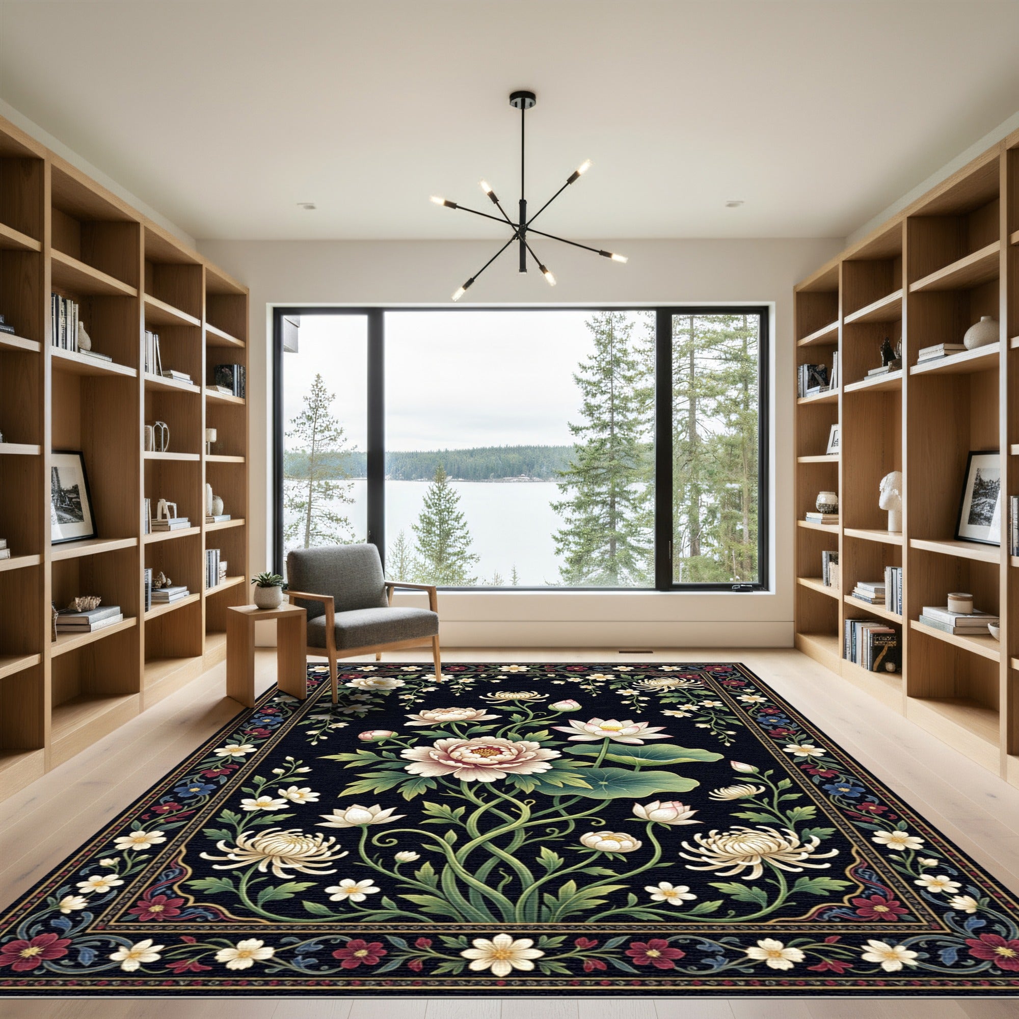 Elegant White Floral Black Botanical Art Rug