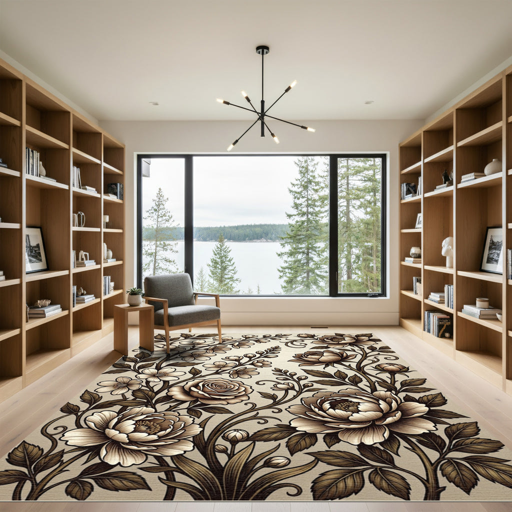Elegant Sepia Floral Botanical Scroll Rug