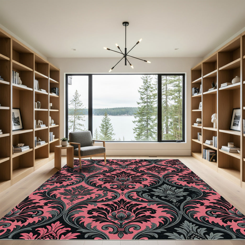 Dark Coral Damask Victorian Scroll Rug