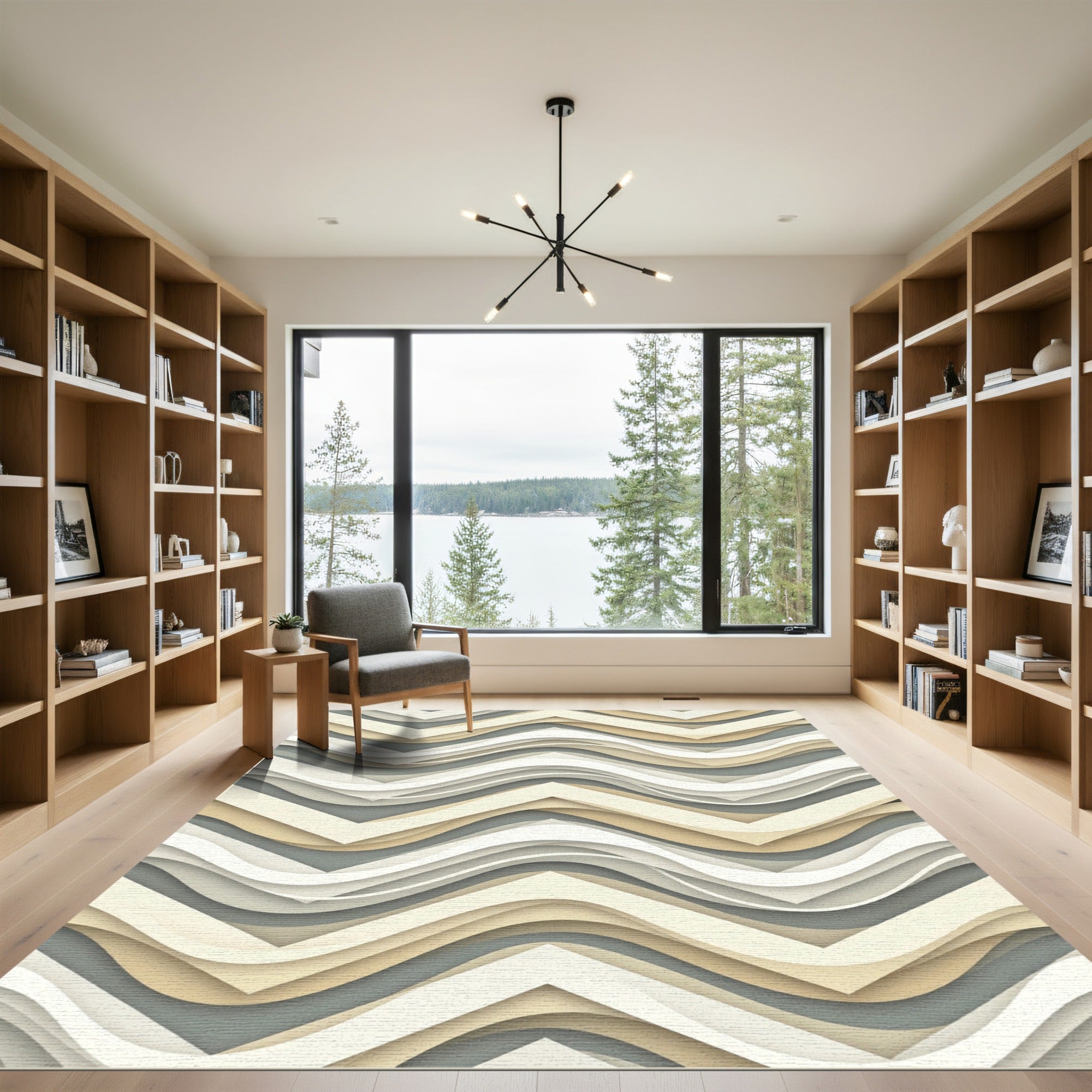 Neutral Wavy Chevron Layered Abstraction Rug