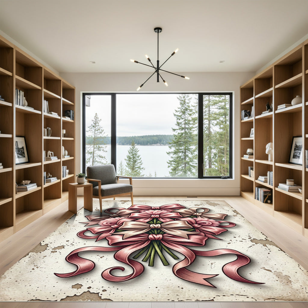Elegant Pink Ribbon Bouquet Illustration Rug