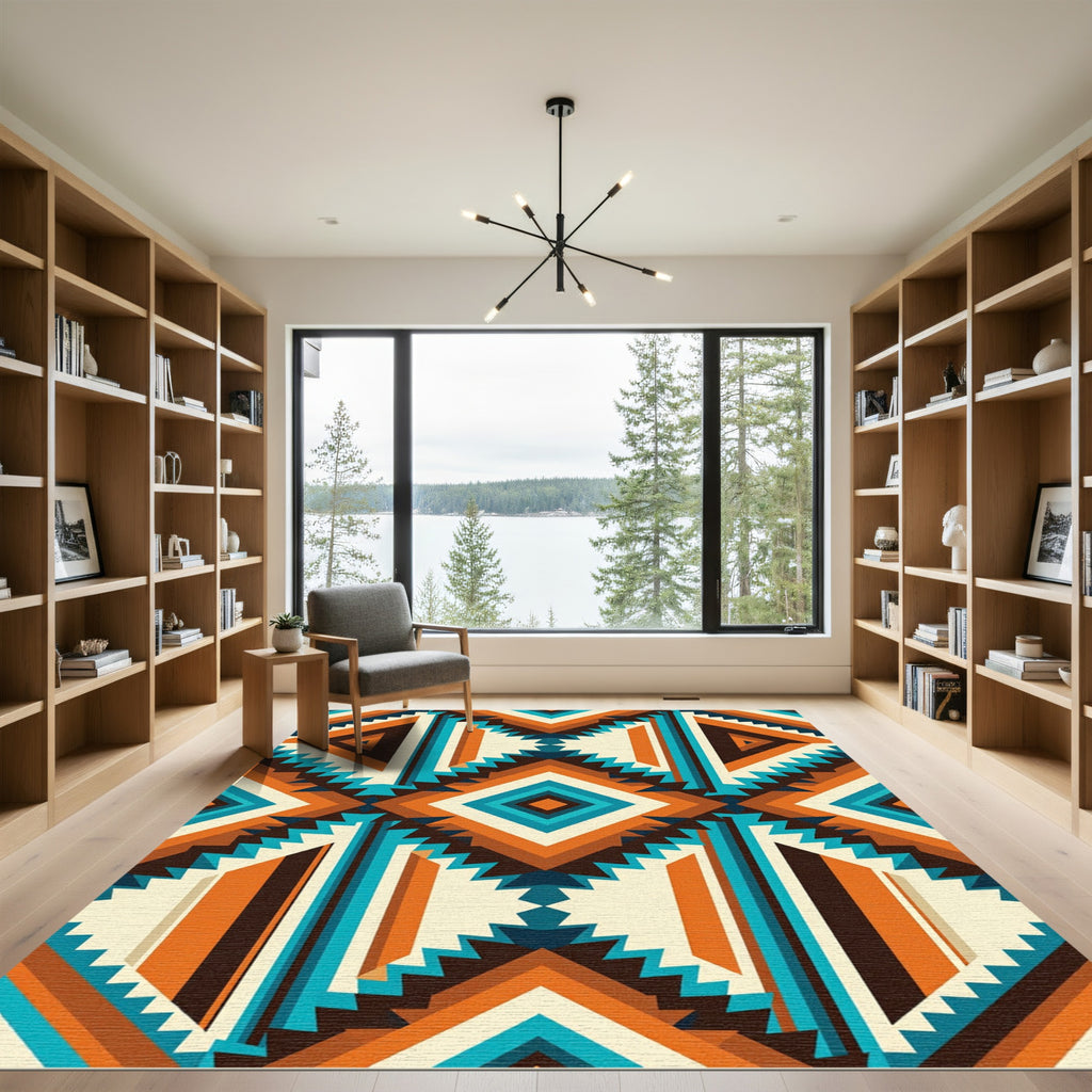 Vibrant Copper Teal Geometric Boho Rug