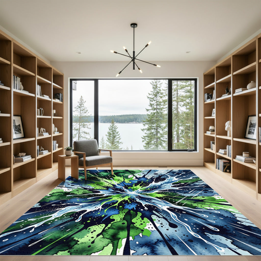 Dynamic Blue and Green Liquid Splash Rug