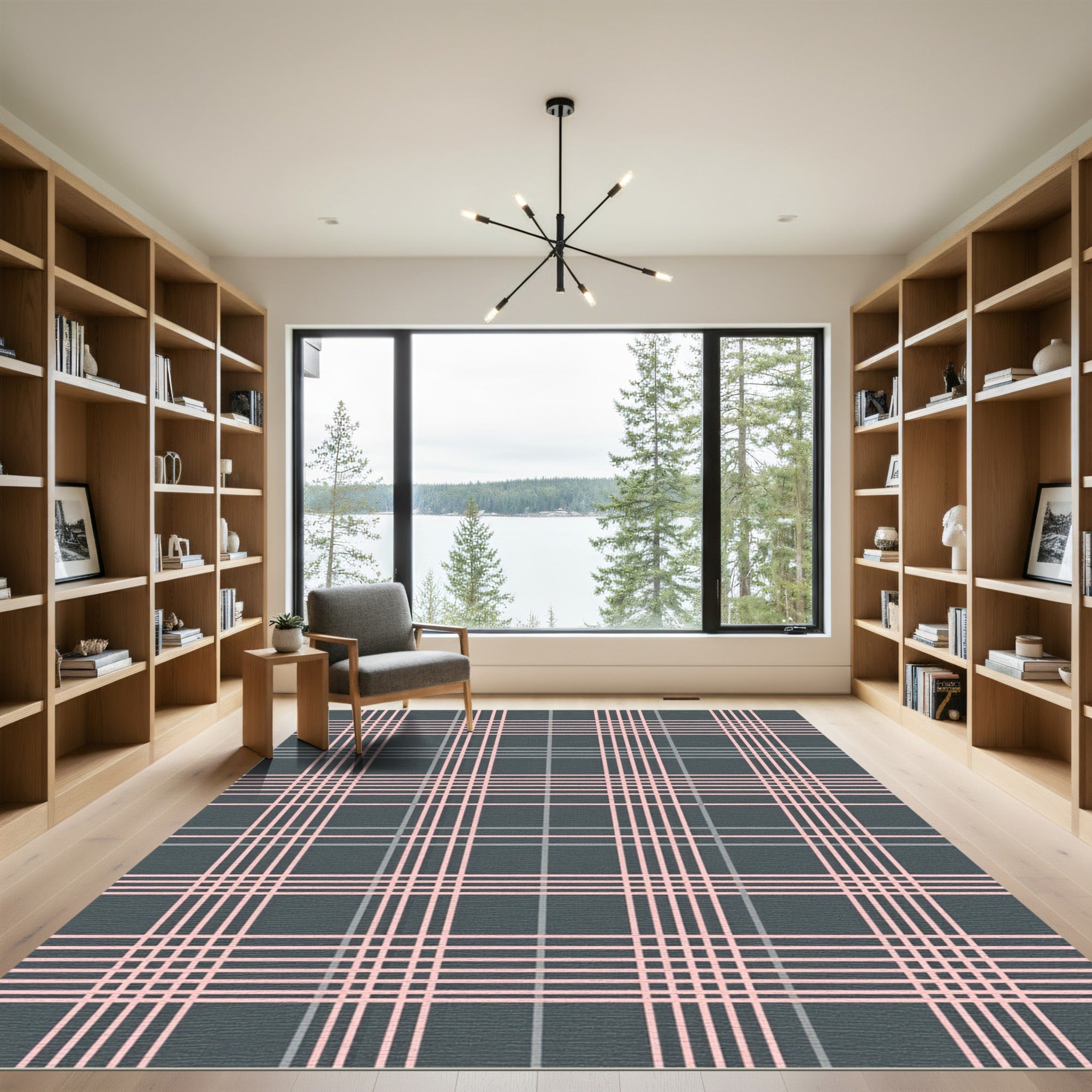 Modern Charcoal And Pastel Pink Plaid Rug